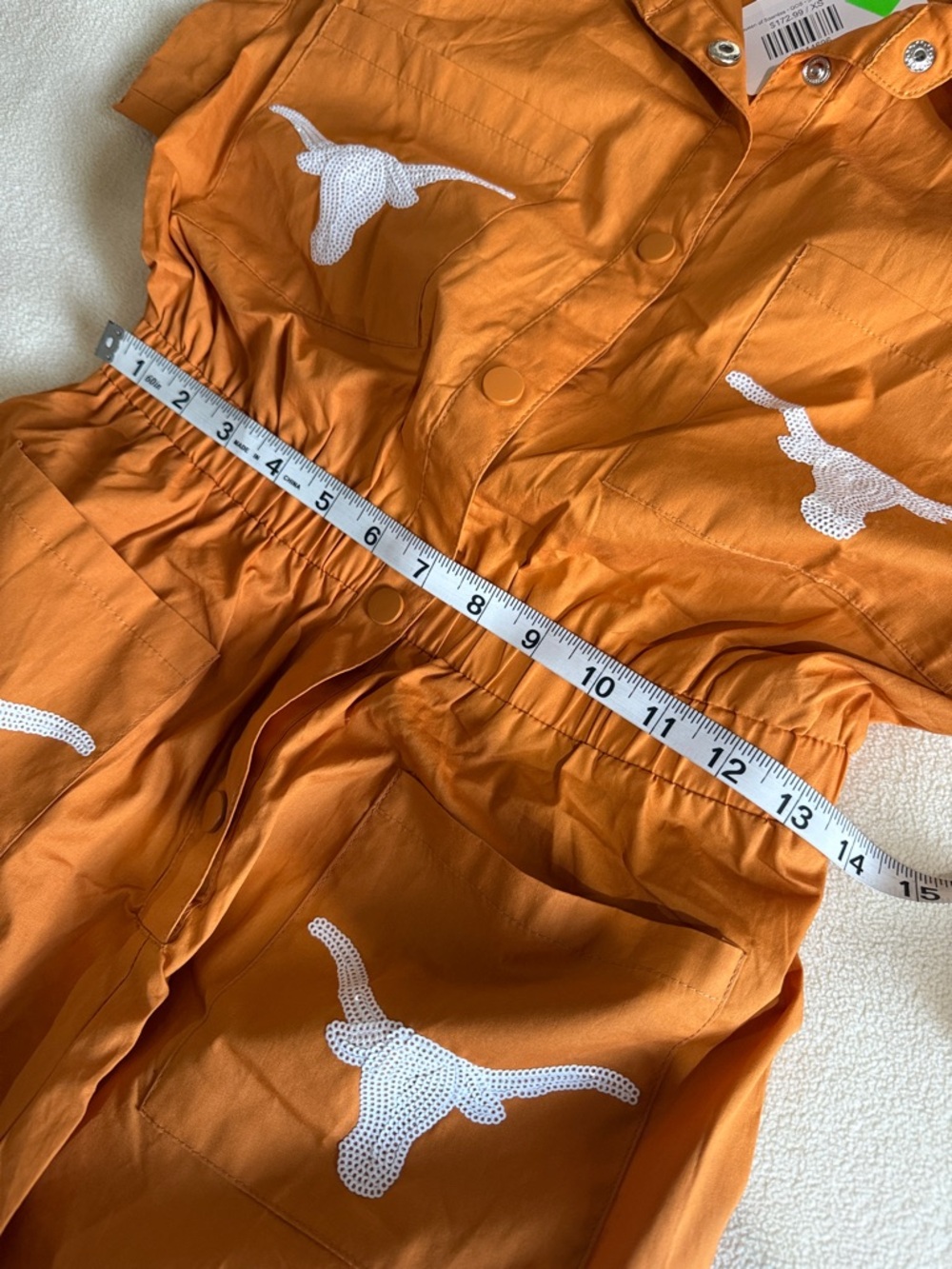 QUEEN OF SPARKLES Orange Short-Sleeve Utility Romper with White Embroidery - Picture 8 of 9